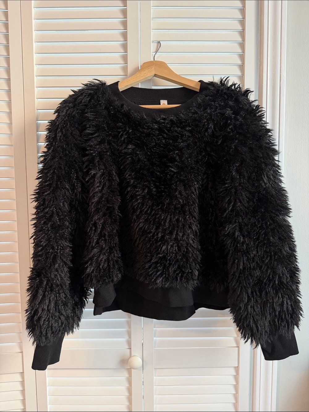 Plush Black Faux-Fur Crewneck Sweater